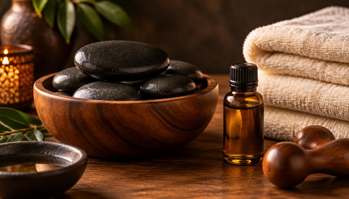 Smooth basalt hot stones stacked in a wooden bowl beside amber massage oil and folded cream towels