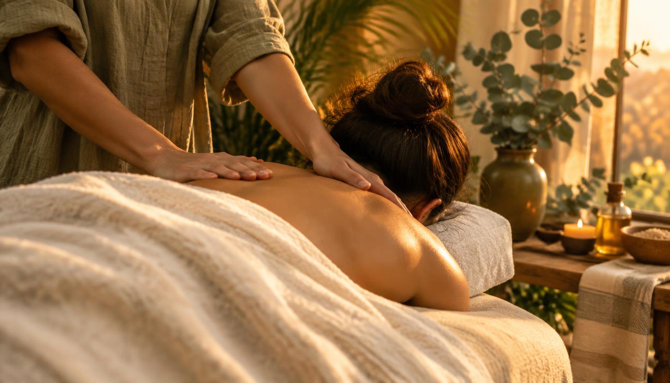A peaceful massage session in warm golden light surrounded by plants