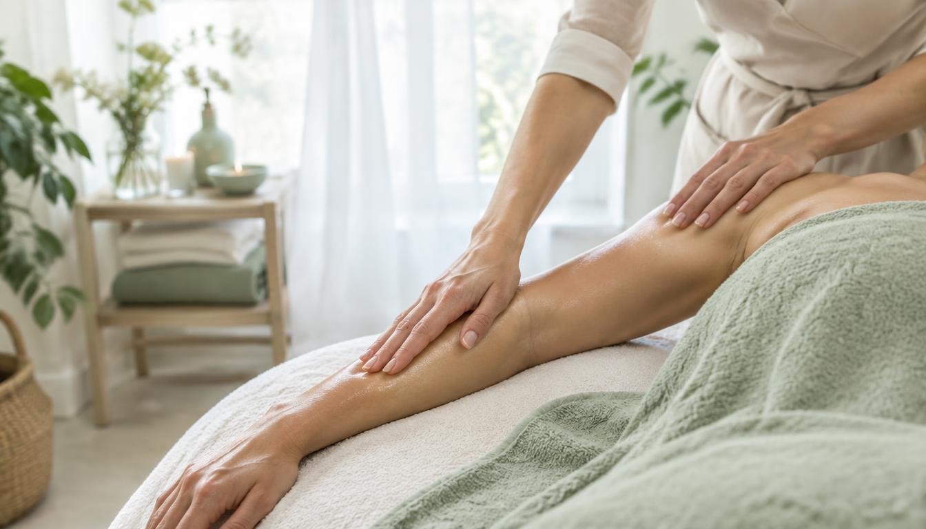 A gentle lymphatic drainage session in a bright, airy treatment room