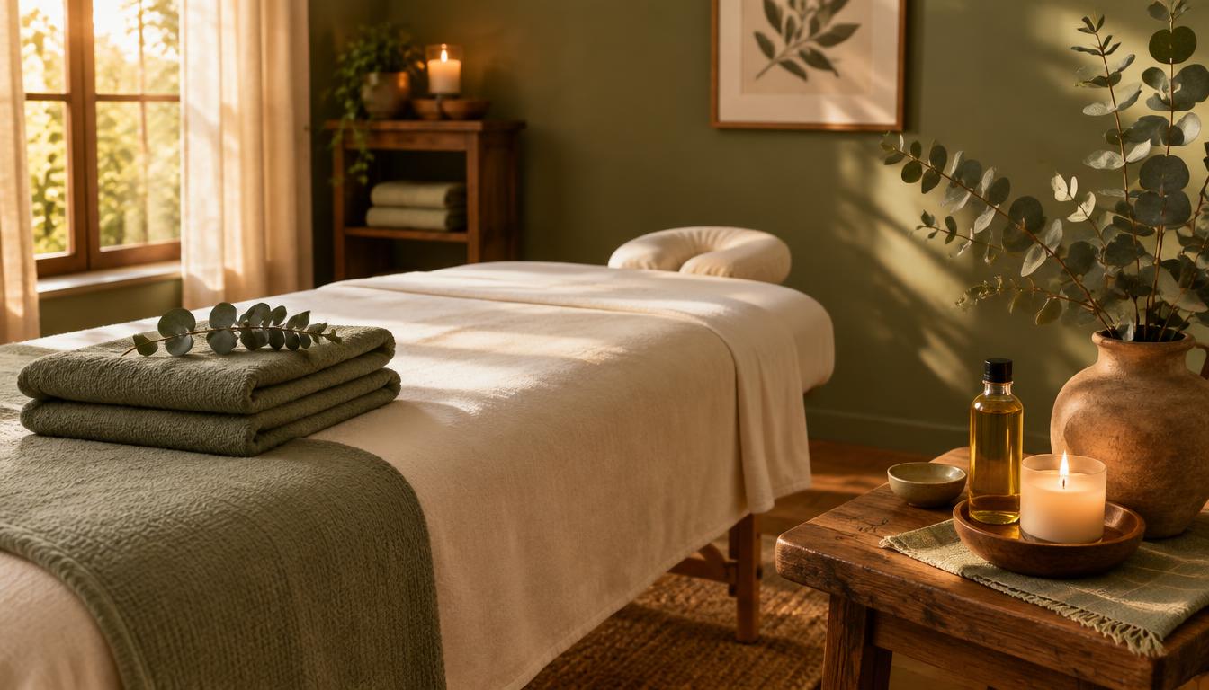 A calm massage treatment room with a table, cream linens, and warm candlelight